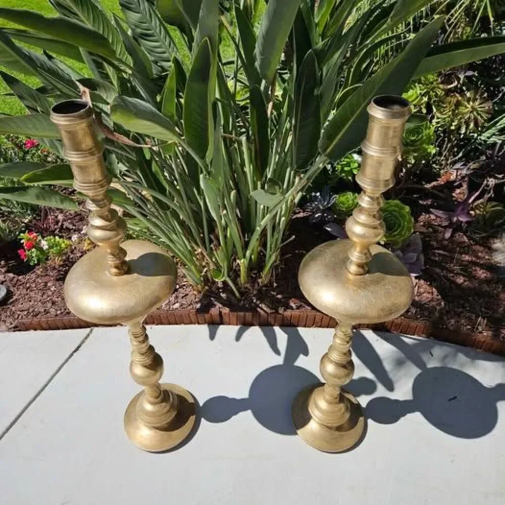 Vintage Pair of XLarge Etched Brass Floor Candle Holders